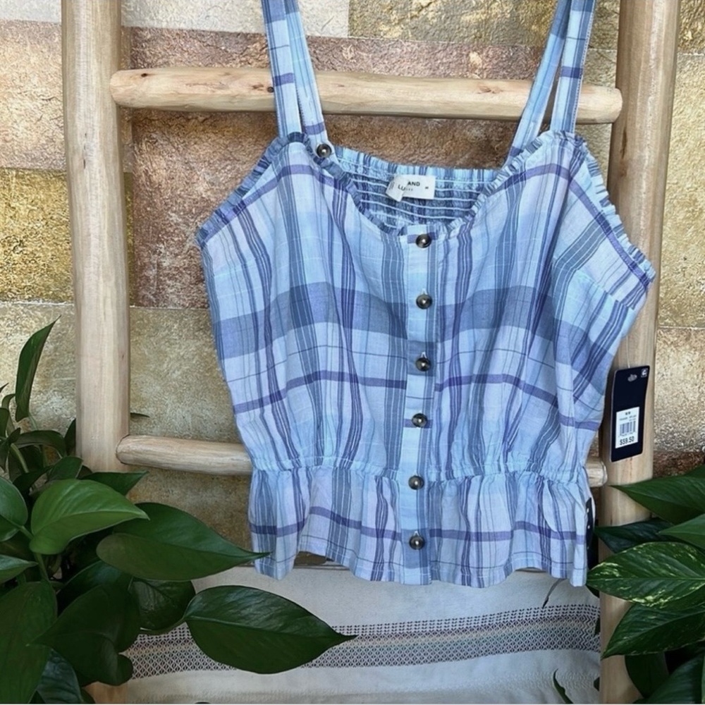 NEW Lucky Brand Women’s Plaid Front Button Down Peplum Ruffled Crop Tank, Size M